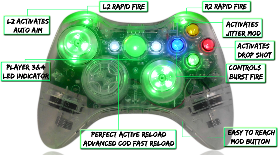 xbox 360 10 mode modded controller Crystal Green With LED Thumbsticks