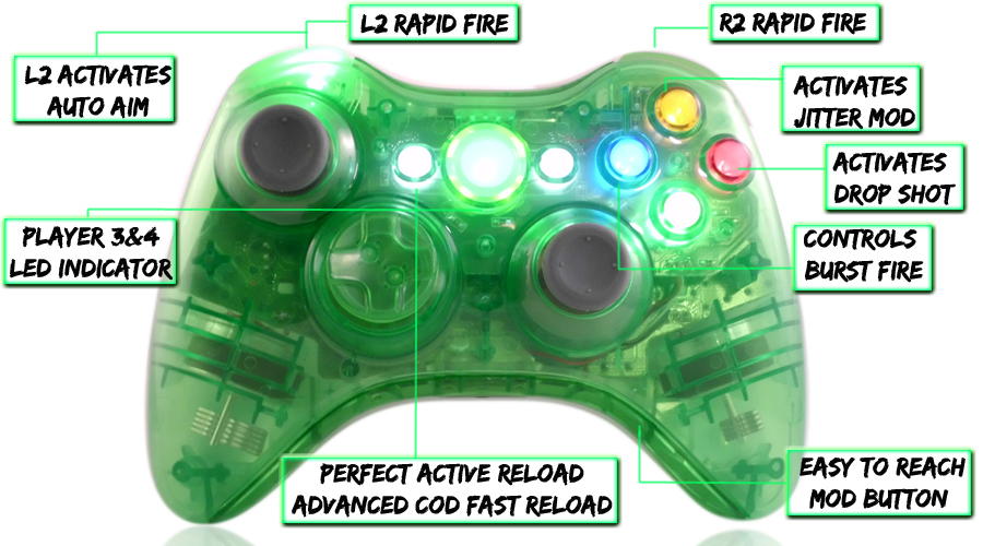 xbox 360 10 mode modded controller Crystal Green