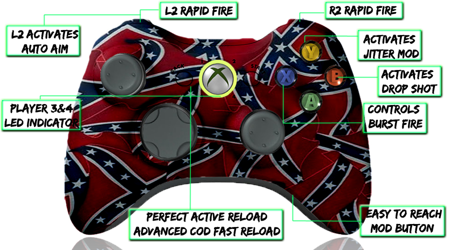 xbox 360 10 mode modded controller Confederate Flag