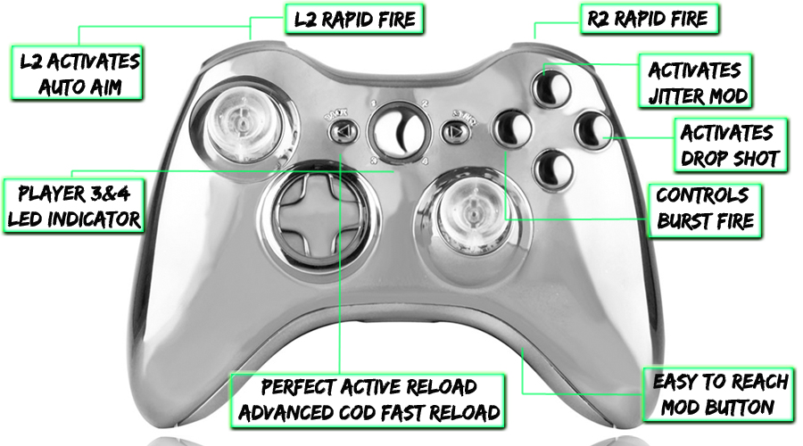 Xbox 360 10 Mode modded Controller Silver Chrome