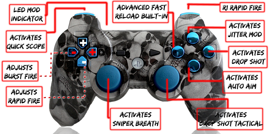 PS3 10 Mode Silver Skull Chrome Blue Controller